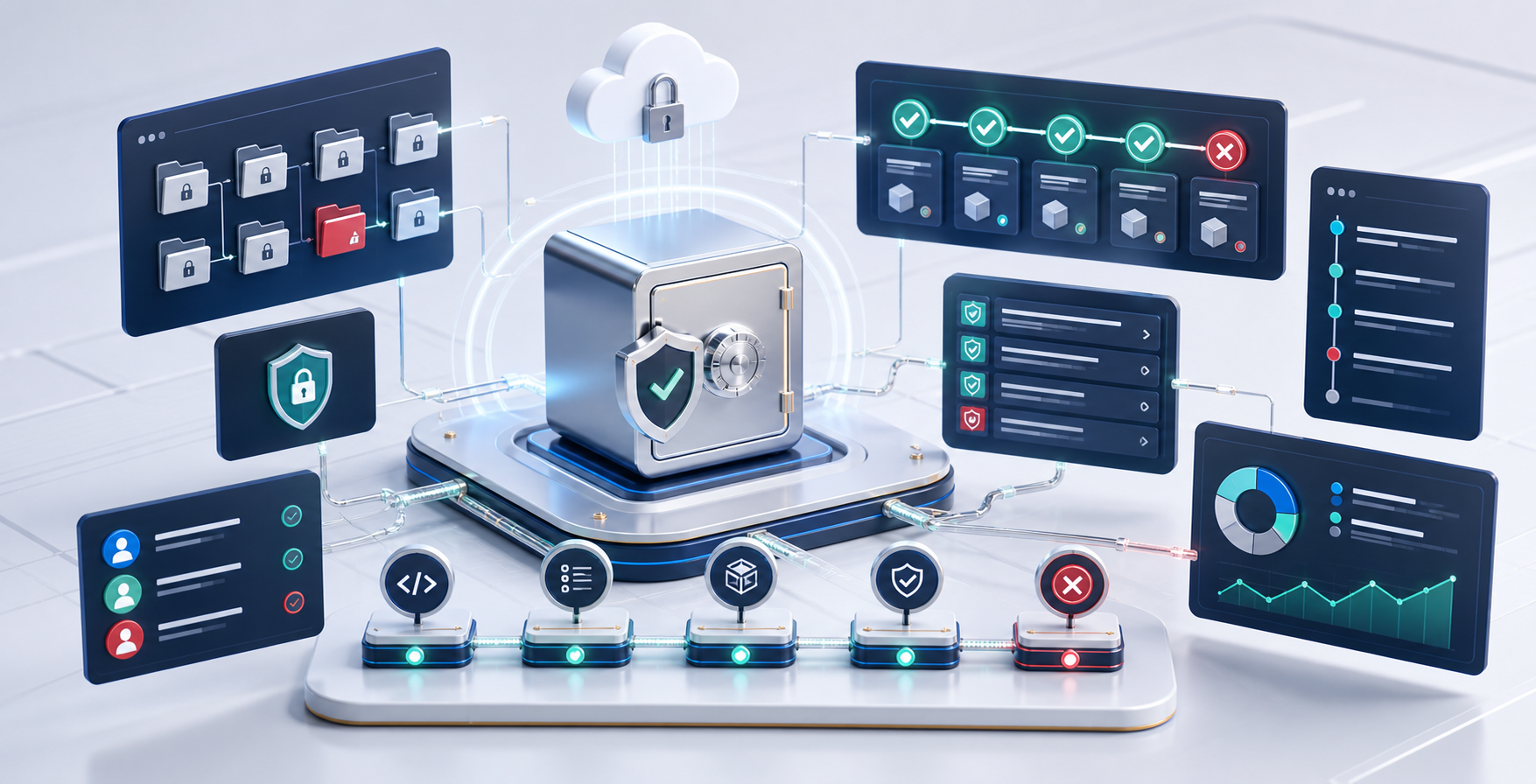 Secure private repository integration and CI quality gates represented as connected enterprise panels